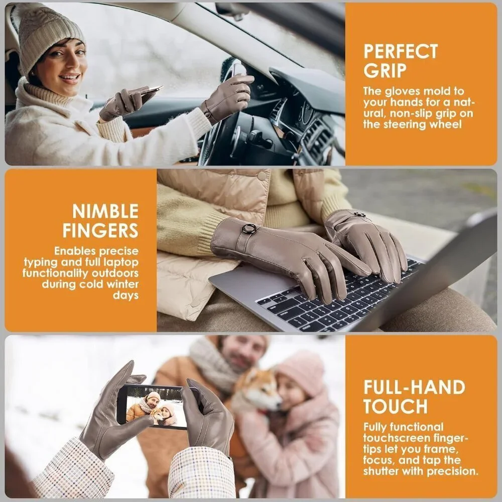 Women's Beige Leather Gloves Touchscreen Texting Warm Driving Lambskin Gloves
